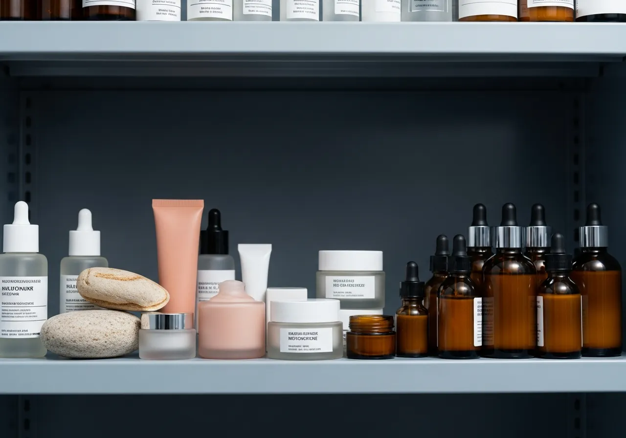 Serums, creams and amber glass bottles held on clean shelves in a cool toned chilled storage room