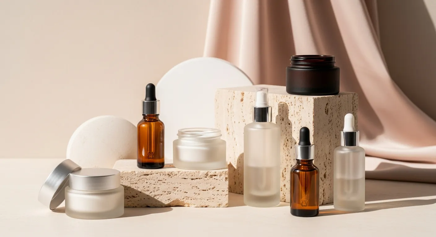 Premium skincare products in frosted glass jars and amber dropper bottles arranged on warm travertine stone with a blush silk drape