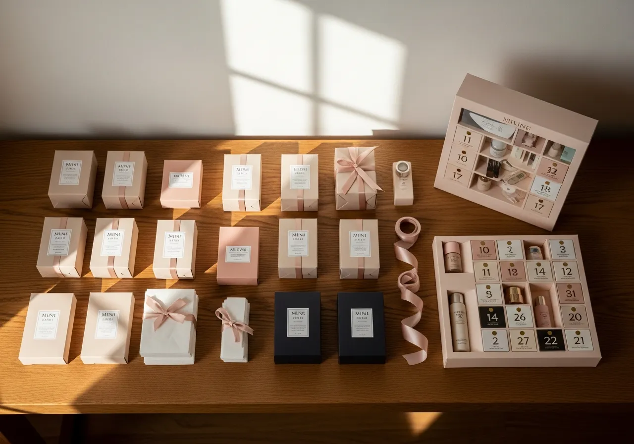 Kitting bench seen from above with gift set components laid out in a precise grid beside an advent style calendar box
