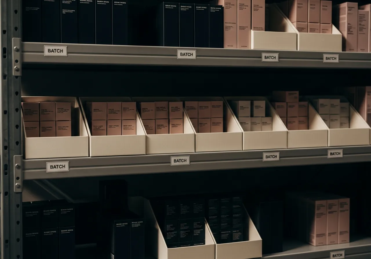 Neatly organised skincare stock in labelled boxes on warehouse shelves with batch labels on the shelf edges