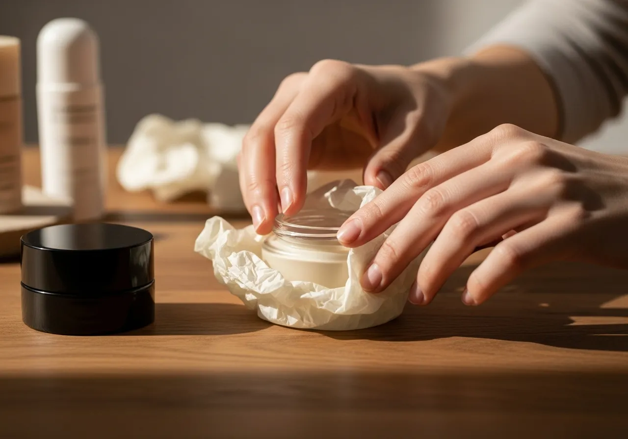 Hands wrapping a cream glass cosmetics jar in soft ivory tissue paper at a warm wooden packing bench