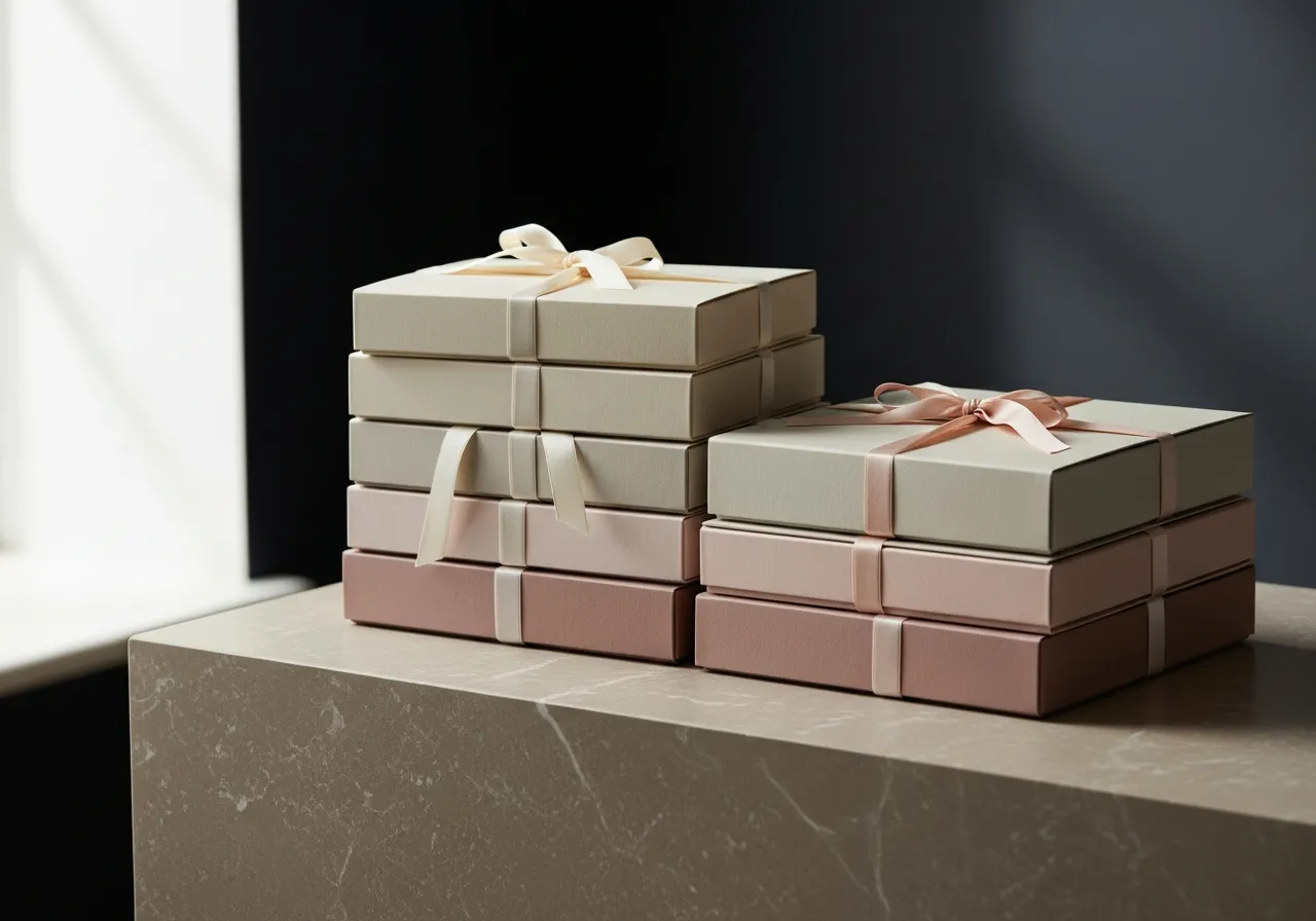 Stack of elegant PR gifting mailer boxes in bone and blush tones tied with ribbon on a dispatch counter