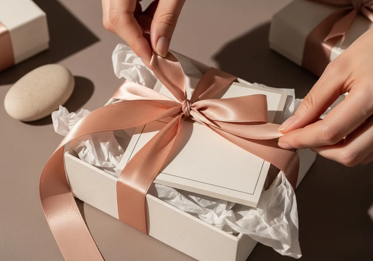 Blush pink ribbon being tied around a bone white gift box with tissue paper and a blank insert card