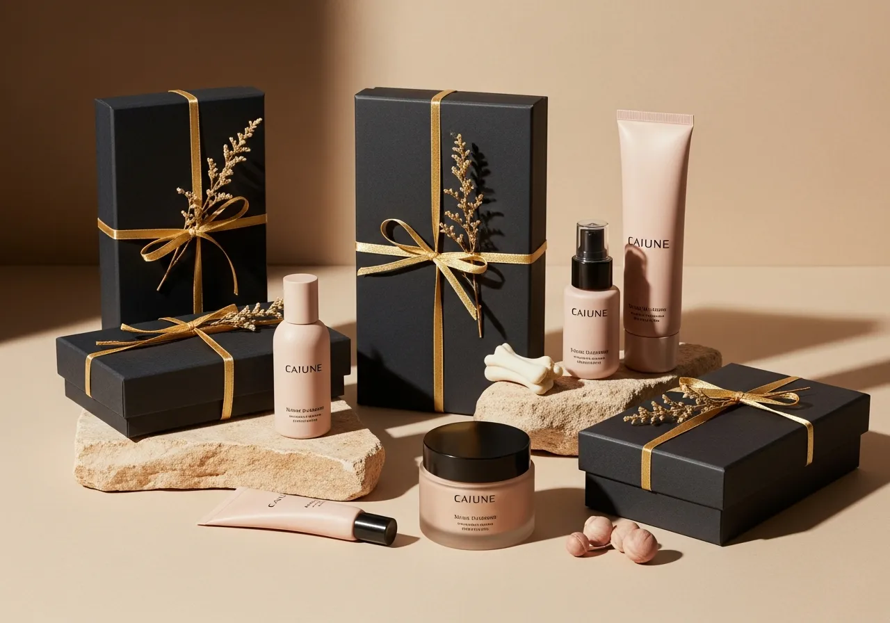 Restrained seasonal gift sets in deep charcoal boxes with thin gold ribbon and dried botanicals on warm stone