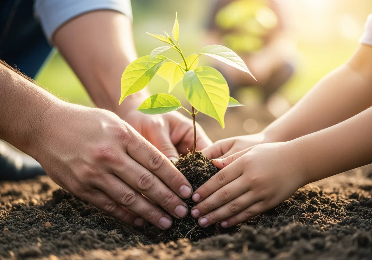 Hands planting a young tree sapling as part of a community environmental initiative
