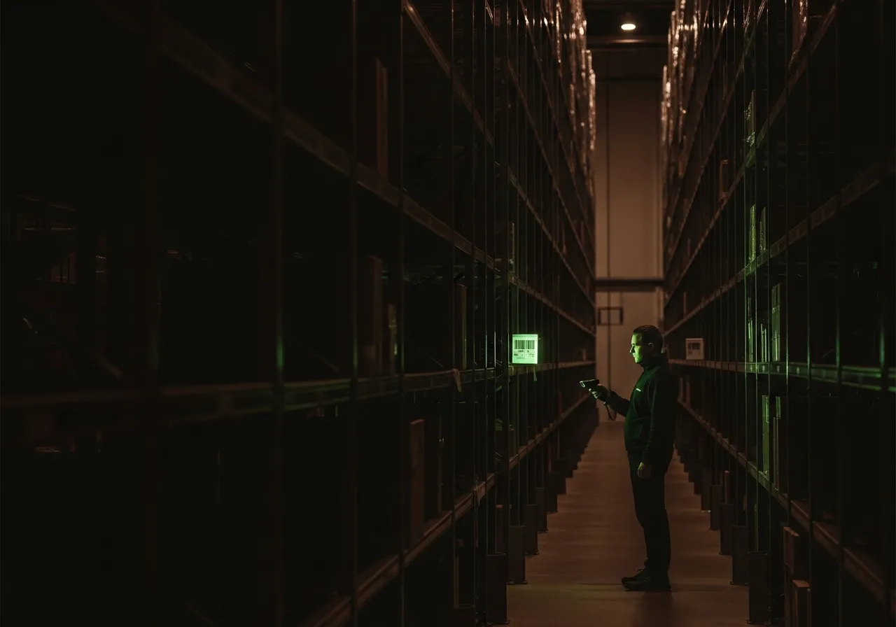 Warehouse operative scanning stock in a FULFIL.X aisle