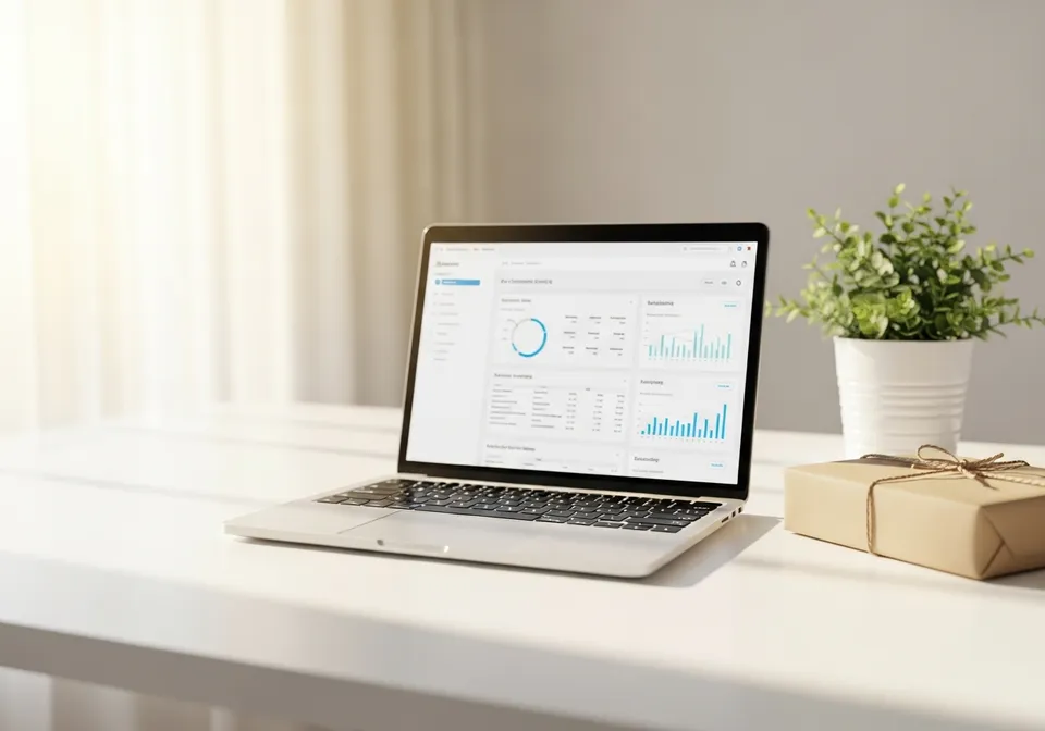 A laptop showing a store dashboard next to a wrapped parcel