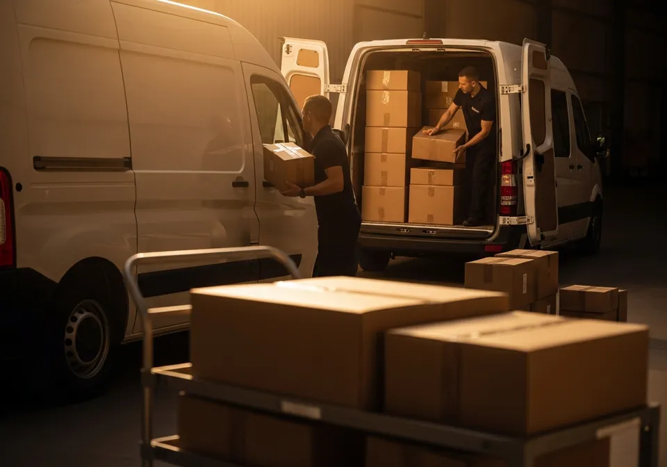 Parcels being loaded into a courier van at the dispatch door