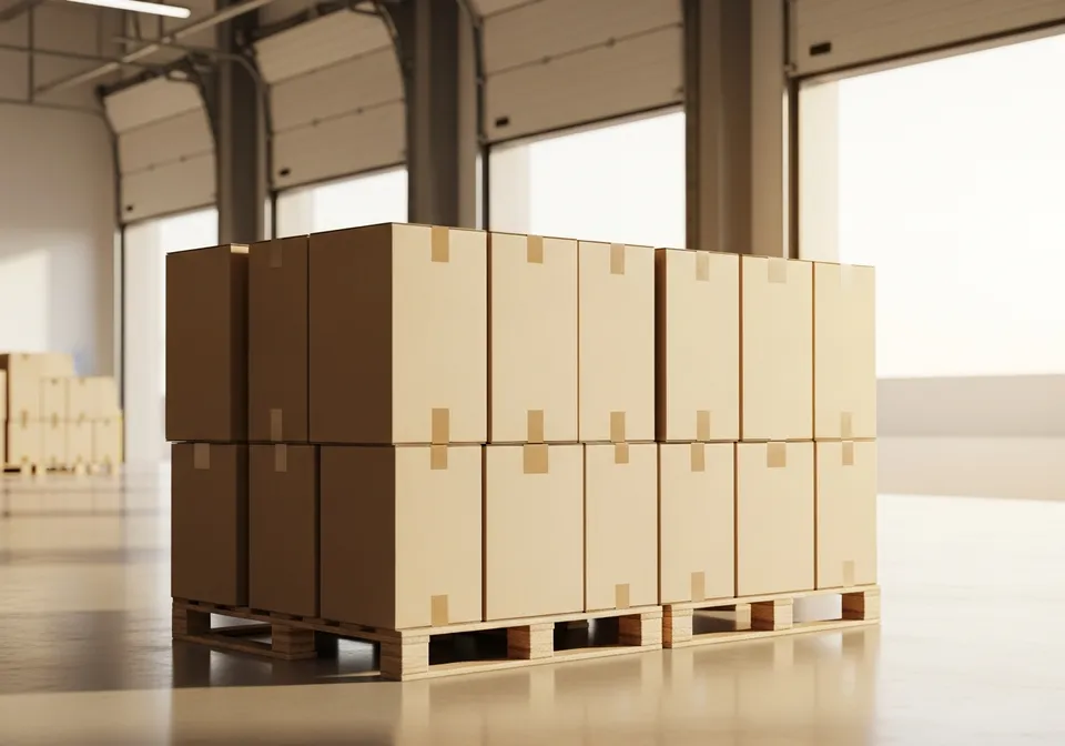 A pallet of boxed stock arriving at the warehouse goods-in bay