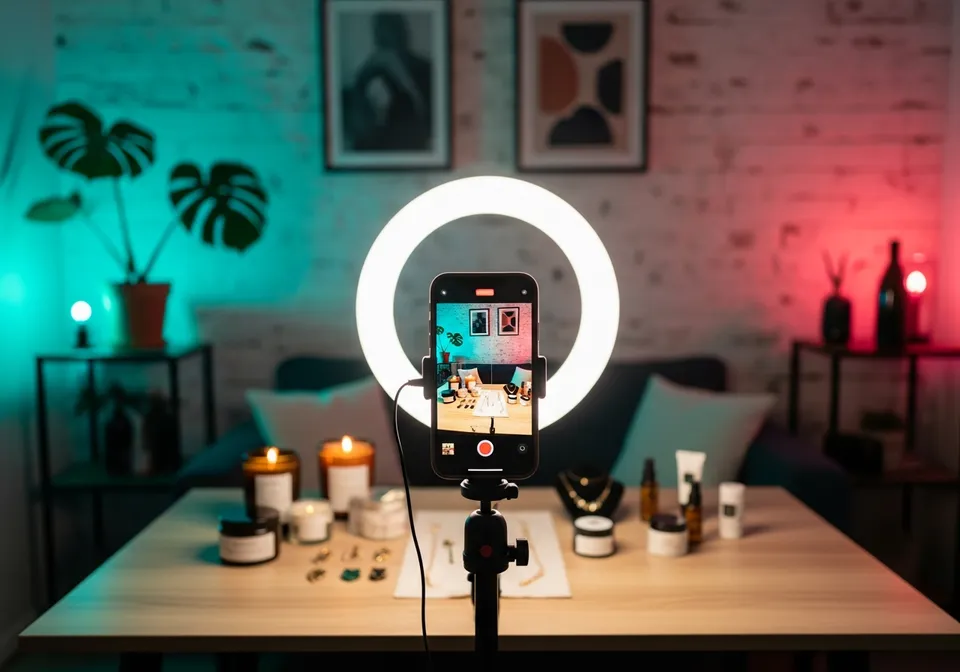 A live selling setup with a smartphone on a tripod and ring light filming a table of products