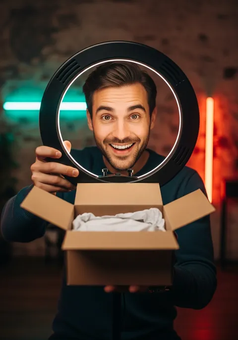 Illustrative live selling still: a creator opening a parcel to camera behind a ring light